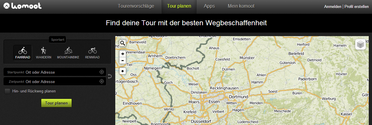 Rennrad Routenplaner - Screenshot von komoot.de